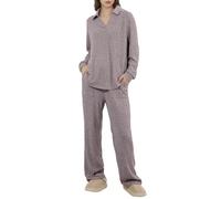 Syrads 2-Teiliges Longsleeve Schlafanzüge Loungewear Lounge Set Damen, Geripptes Hauskleidung Freizeit Outfit,Khaki XXL