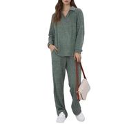 Syrads 2-Teiliges Longsleeve Schlafanzüge Loungewear Lounge Set Damen, Geripptes Hauskleidung Freizeit Outfit,Grün XL