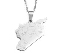 Syrien Punjab State Map Halskette Für Männer Und Frauen, Syrien Karte Halskette Mit Ländernamen Pullover Schlüsselbeinkette Krawatten, Ethnischer Schmuck Karte Flaggensymbol Anhänger, Silber, 6