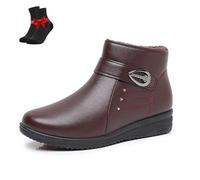 SYT-MD Damen-Stiefeletten mit niedrigem Keilabsatz, warme, weiche und rutschfeste Lederstiefel, mit Kunstfell gefüttert, seitlicher Reißverschluss for ältere Menschen(Wine Red,38 EU)