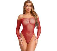 Sywiyi Damen Einteiler Body Glitzer Off Shoulder Bodysuit Langarm Stringbody Unterhemd Durchsichtig Dessous Unterwäsche Stretch Rot Einheitsgröße