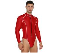 Sywiyi Herren Glänzend Bodysuit Einteiler Badeanzug Body Langarm Overall Jumpsuit Sportbody mit Zipper Swimsuit Elastisch Männer Sport Gym Outfit Rot XL