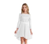 Sywiyi Mädchen Abendkleid Festlich Langarm Partykleid Blumenmädchenkleid mit Spitze Vokuhila Kleider Elegant für Hochzeit Party Geburtstag Weiß 146-152