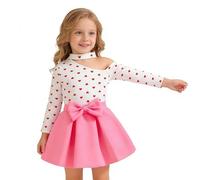 SZRXKJ Mädchen Off-Shoulder Top mit Herzmuster und Rock Weiß/Rosa Langarm 2-teilig Outfit Set (Pink, 12-18Monate)