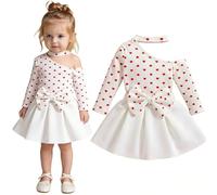 SZRXKJ Mädchen Off-Shoulder Top mit Herzmuster und Rock Weiß/Rosa Langarm 2-teilig Outfit Set (White, 12-18Monate)