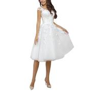 SZSFNMMY Brautkleid Kurz Tüll Brautkleid mit Spitzenapplikationen Ärmellos Knielang Hochzeitskleid für Frauen, 46