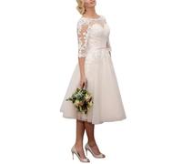 SZSFNMMY Kurze Hochzeitskleider aus Tüll für die Braut, Spitzenapplikation, ärmellos, knielang, Brautkleid für Damen, 46