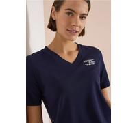 T-Shirt CECIL, Damen, Gr. XS (36), blau (urban dunkelblau), Web, 100% Baumwolle, bedruckt, normal normal, V-Ausschnitt, abgesteppt, Shirts T-Shirt, aus reiner Baumwolle (43936162-XS) urban dunkelblau