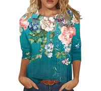 T Shirt 3/4 Arm Damen Oberteile Sommer Bluse Elegant Tshirt mit Blumen Bedrucken Rundhals Kurzarm Pullover Locker Lässig Tunika Tops Tee Blusen & Tuniken für Damen Teenager Mädchen