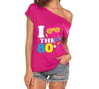 T Shirt 80 Jahre Damen Schulterfrei Kostüm Outfit T-Shirt Tunika T-Shirt I Love 80's Party Schulterfrei Motto Tshirt Retro Karneval Fasching Mottoparty 1980s