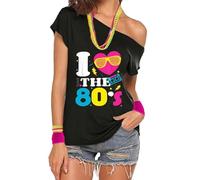 T Shirt 80 Jahre Damen Schulterfrei Kostüm Outfit T-Shirt Tunika T-Shirt I Love 80's Party Schulterfrei Motto Tshirt Retro Karneval Fasching Mottoparty 1980s