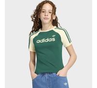 T-Shirt ADIDAS ORIGINALS "3S SL TEE", Mädchen, Gr. 140, grün (collegiate grün, warm vanilla), Obermaterial: 93% Baumwolle, 7% Elasthan, Rundhals, Shirts T-Shirt, für Kinder, Basic-Design, aus Baumwoll
