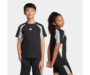 T-Shirt ADIDAS SPORTSWEAR "SEASONAL ESSENTIALS COLORBLOCK KIDS", Mädchen, Gr. 140, schwarz (schwarz, wonder silber, weiß), Obermaterial: 100% Baumwolle, normal, Rundhals, Shirts T-Shirt (98370201-140)