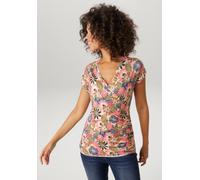 T-Shirt ANISTON CASUAL, Damen, Gr. 34, pink, jeansblau, wollweiß, grün, oliv, gelb, rosa, braun, sand, Single Jersey, Obermaterial: 95% Viskose, 5% Elasthan, bedruckt, geblümt, figurbetont hüftlang, V