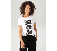 T-Shirt ANISTON CASUAL, Damen, Gr. 40/42, weiß, schwarz, Single Jersey, Obermaterial: 100% Baumwolle, bedruckt, figurumspielend hüftlang, Rundhals, Shirts T-Shirt, mit Samt verziertem, extravaganten F