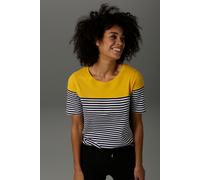 T-Shirt ANISTON CASUAL, Damen, Gr. 42, gelb (schwarz, weiß, mais), Single Jersey, Obermaterial: 100% Baumwolle, geringelt, gestreift, figurumspielend hüftbedeckend, Rundhals, Shirts T-Shirt, im Marine