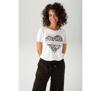 T-Shirt ANISTON CASUAL, Damen, Gr. 42, weiß schwarz, taupe, orange, Single Jersey, Obermaterial: 95% Viskose, 5% Elasthan, bedruckt, figurumspielend hüftlang, Rundhals, Shirts T-Shirt, mit Herz, Leo-D