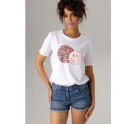 T-Shirt ANISTON CASUAL, Damen, Gr. 44/46, bunt (weiß, pink, beige, schwarz, grau), Single Jersey, Obermaterial: 100% Baumwolle, bedruckt, figurumspielend hüftbedeckend, Rundhals, Shirts T-Shirt, mit c