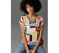 T-Shirt ANISTON CASUAL, Damen, Gr. 44, bunt (schwarz, weiß, rosa, rot, blau, neongrün), Crêpe, Obermaterial: 97% Polyester, 3% Elasthan. Rückenteil: 95% Viskose, 5% Elasthan, gemustert, gestreift, fig