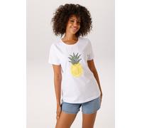 T-Shirt ANISTON CASUAL, Damen, Gr. 44, weiß, gelb, grün, Single Jersey, Obermaterial: 95% Baumwolle, 5% Elasthan, Glitzermuster, bestickt, figurumspielend hüftlang, Rundhals, Shirts T-Shirt, mit Glitz