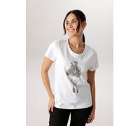 T-Shirt ANISTON SELECTED, Damen, Gr. 42, weiß, beige, schwarz, Single Jersey, Obermaterial: 100% Baumwolle, Glitzermuster, bedruckt, figurumspielend hüftbedeckend, Rundhals, Shirts T-Shirt, mit aufwen