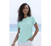 T-Shirt BEACHTIME "mit modischem Schlitz am Saum", Damen, Gr. 32/34, blau (türkis), Single Jersey, Obermaterial: 100% Baumwolle, unifarben, Basic, figurumspielend, Rundhals, Kurzarm, Shirts, aus hochw