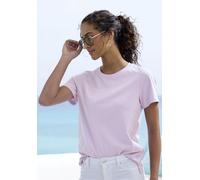 T-Shirt BEACHTIME "mit modischem Schlitz am Saum", Damen, Gr. 32/34, lila (flieder), Single Jersey, Obermaterial: 100% Baumwolle, unifarben, Basic, figurumspielend, Rundhals, Kurzarm, Shirts, aus hoch