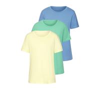 T-Shirt BEACHTIME "mit modischem Schlitz am Saum", Damen, Gr. 40/42, bunt (grün, blau, gelb), Single Jersey, Obermaterial: 100% Baumwolle, unifarben, Basic, figurumspielend, Rundhals, Kurzarm, Shirts,