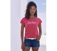 Beachtime T-Shirt mit modischem Sprüche Frontdruck "Smile", koralle