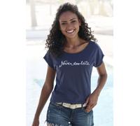Beachtime T-Shirt, mit modischem Sprüche Frontdruck Never too late TOPSELLER 36/38 blau Damen Jersey Shirts Sweatshirts T-Shirt 36/38 marine