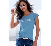 T-Shirt BEACHTIME "mit Frontdruck "Smile"", Damen, Gr. 32/34, blau (himmelblau), Obermaterial: 100% Baumwolle, bedruckt, bequem normal, Rundhals, mit Aufschlag, Shirts T-Shirt, aus weicher Baumwoll-Qu