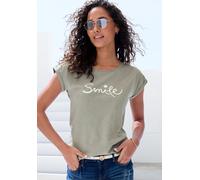 T-Shirt BEACHTIME "mit Frontdruck "Smile"", Damen, Gr. 32/34, grün (khaki), Obermaterial: 100% Baumwolle, bedruckt, bequem normal, Rundhals, mit Aufschlag, Shirts T-Shirt, aus weicher Baumwoll-Qualitä
