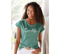 T-Shirt BEACHTIME "mit Frontdruck "Smile", Damen, Gr. 32/34, grün (mint), Obermaterial: 100% Baumwolle, bedruckt, bequem normal, Rundhals, mit Aufschlag, Shirts T-Shirt, aus weicher Baumwoll-Qualität,