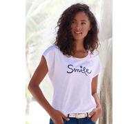 T-Shirt BEACHTIME "mit Frontdruck "Smile"", Damen, Gr. 40/42, weiß, Obermaterial: 100% Baumwolle, bedruckt, bequem normal, Rundhals, mit Aufschlag, Shirts T-Shirt, aus weicher Baumwoll-Qualität (57639