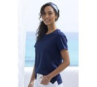T-Shirt BEACHTIME "mit modischem Schlitz am Saum", Damen, Gr. 44/46, blau (navy), Single Jersey, Obermaterial: 100% Baumwolle, unifarben, Basic, figurumspielend, Rundhals, Shirts T-Shirt, aus hochwert