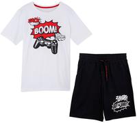 T-Shirt & Bermudas BONPRIX, Kinder, Gr. 176/182, weiß (weiß, schwarz bedruckt), Jersey, Obermaterial: 100% Baumwolle, bedruckt, mehrfarbig, KOB Set-Artikel T-Shirt & Bermudas, bequeme Passform, mit ku