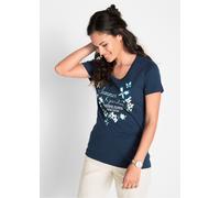 T-Shirt BONPRIX "Baumwoll Shirt, Kurzarm", Damen, Gr. 40/42 (M), blau (dunkelblau bedruckt), Obermaterial: 100% Baumwolle, tailliert, Shirts T-Shirt, leicht taillierte Passform, Kurzarm-Design, Rundha