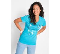 T-Shirt BONPRIX "Baumwoll Shirt, Kurzarm", Damen, Gr. 40/42 (M), blau (karibikblau bedruckt), Obermaterial: 100% Baumwolle, tailliert, Shirts T-Shirt, leicht taillierte Passform, Kurzarm-Design, Rundh