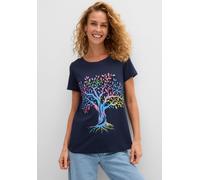 T-Shirt BONPRIX "Bedrucktes T-Shirt aus Baumwolle", Damen, Gr. 44/46 (L), blau (dunkelblau), Obermaterial: 100% Baumwolle, loose fit, Shirts T-Shirt, Loose Fit, Kurzarm-Design, aus Baumwolle, mit farb