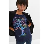 T-Shirt BONPRIX "Bedrucktes T-Shirt aus Baumwolle", Damen, Gr. 48/50 (XL), blau (dunkelblau), Obermaterial: 100% Baumwolle, loose fit, Shirts T-Shirt, Loose Fit, Kurzarm-Design, aus Baumwolle, mit far