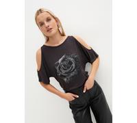 T-Shirt BONPRIX "Cold-Shoulder-Shirt aus Viskose", Damen, Gr. 40/42 (M), schwarz (dunkelgrau floral), Obermaterial: 100% Viskose, lässig geschnitten, Shirts T-Shirt, Cold-Shoulder-Shirt aus Viskose (1