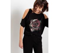 T-Shirt BONPRIX "Cold-Shoulder-Shirt aus Viskose", Damen, Gr. 52/54 (XXL), schwarz (schwarz, grau floral), Obermaterial: 100% Viskose, lässig geschnitten, Shirts T-Shirt, Cold-Shoulder-Shirt aus Visko