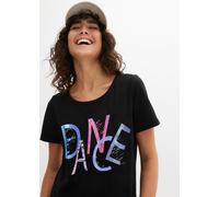 T-Shirt BONPRIX, Damen, Gr. 40/42 (M), schwarz bedruckt, Jersey, Obermaterial: 95% Baumwolle, 5% Elasthan, bedruckt, unifarben, loose fit Po-bedeckend, Rundhals, Shirts T-Shirt, lockerer Schnitt, Kurz