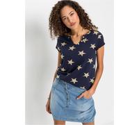 T-Shirt BONPRIX, Damen, Gr. 44/46 (L), blau (dunkelblau, beige bedruckt), Obermaterial: 100% Baumwolle, schmal, Shirts T-Shirt, schmale Passform, Kurzarm-Design, mit Sternprint (58309407-44) dunkelbla