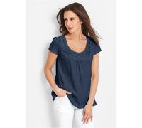 T-Shirt BONPRIX, Damen, Gr. 44/46 (L), blau (dunkelblau), Jersey, Obermaterial: 100% Baumwolle. Spitze: 100% Baumwolle, unifarben, figurumspielend hüftlang, Rundhals, Shirts T-Shirt, bequeme Passform,