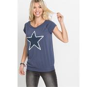 T-Shirt BONPRIX, Damen, Gr. 44/46 (L), indigo bedruckt, Jersey, Obermaterial: 64% Polyester, 32% Viskose, 4% Elasthan, bedruckt, unifarben, bequem hüftlang, U-Boot-Ausschnitt, Raglanärmel, Shirts T-Sh