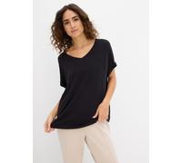 T-Shirt BONPRIX, Damen, Gr. 44/46 (L), schwarz, Jersey, Obermaterial: 95% Viskose, 5% Elasthan, oversize hüftbedeckend, V-Ausschnitt, angeschnitten Umschlagsaum, Shirts T-Shirt, Oversize-Passform, V-A