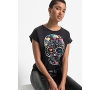 T-Shirt BONPRIX, Damen, Gr. 44/46 (L), schwarz (schwarz bedruckt), Obermaterial: 50% Baumwolle, 50% Viskose, bequem, Shirts T-Shirt, bequeme Passform, Kurzarm-Design, aus Baumwolle und Viskose (547096