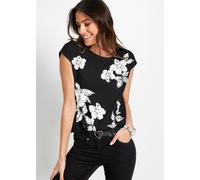 T-Shirt BONPRIX, Damen, Gr. 44/46 (L), schwarz, weiß, silber geblümt, Jersey, Obermaterial: 95% Baumwolle, 5% Elasthan, bedruckt, gerade hüftbedeckend, Rundhals, angeschnitten, Shirts T-Shirt, gerade