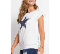 T-Shirt BONPRIX, Damen, Gr. 44/46 (L), weiß (weiß bedruckt), Jersey, Obermaterial: 64% Polyester, 32% Viskose, 4% Elasthan. Bündchen: 100% Baumwolle, bedruckt, unifarben, bequem hüftlang, U-Boot-Aussc